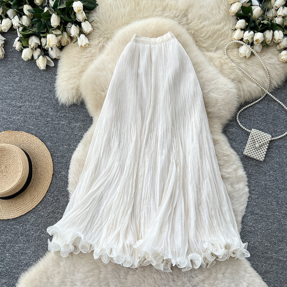 K-style high waist pleated lace skirt women's summer a-line casual large swing work clothingelegant long skirt multi-color