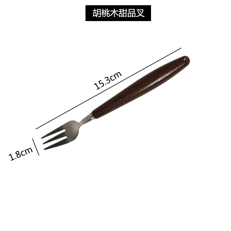 Walnut stainless steel dessert fork coffee spoon set - premium cutlery for home use - cake, fruit, and dessert forks with wooden handles