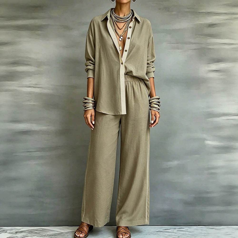 Exportplus size relaxation work clothing set retro gray linen shirt elastic waist side strips wide leg pants two-piece set