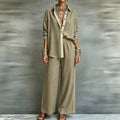 Exportplus size relaxation work clothing set retro gray linen shirt elastic waist side strips wide leg pants two-piece set