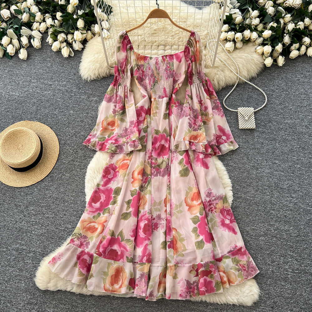 French romantic one-shoulder flared sleeve floral dress - women's summer long sleeve vacation ruffle hem maxi dress