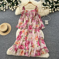 French romantic one-shoulder flared sleeve floral dress - women's summer long sleeve vacation ruffle hem maxi dress