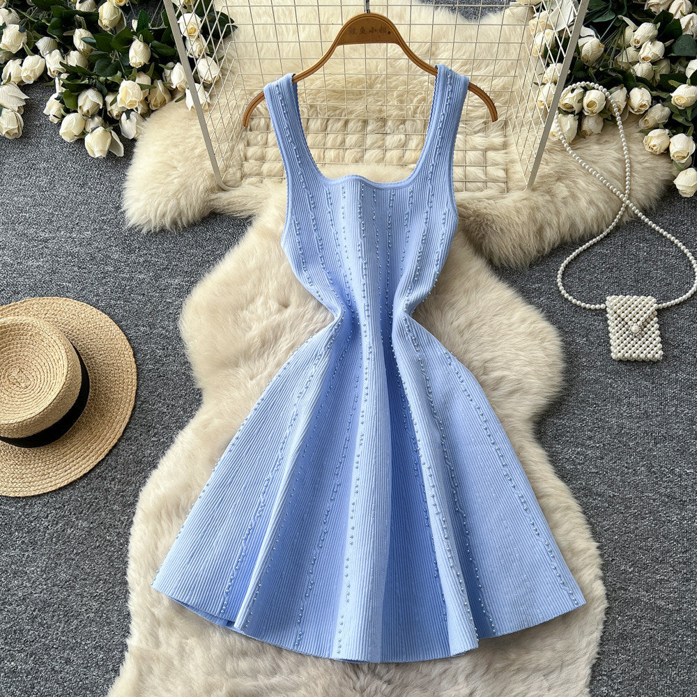 french chic sleeveless a-line knit mini dress - summer pearl embellished versatile dress
