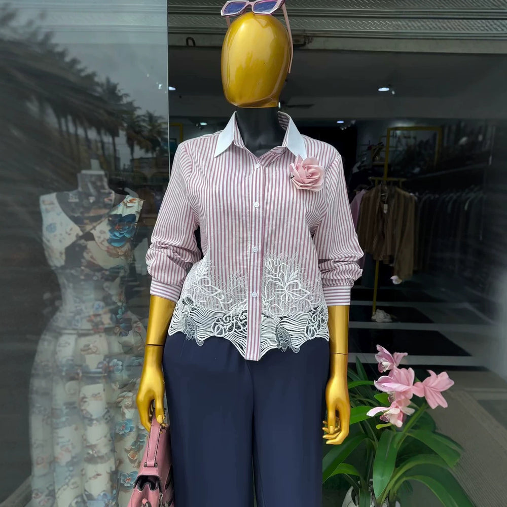 European and american cross-border women's fashion:  summer new arrival - chic and elegant lace-trimmed, striped, long-sleeved blouse with turn-down collar