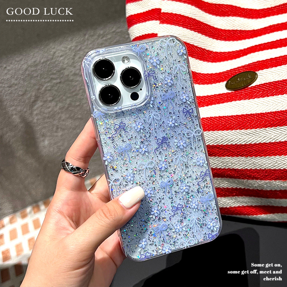 Suitable for iphone17promax blue butterfly flower mobile phone case glue glitter apple 16 anti-fall protective cover