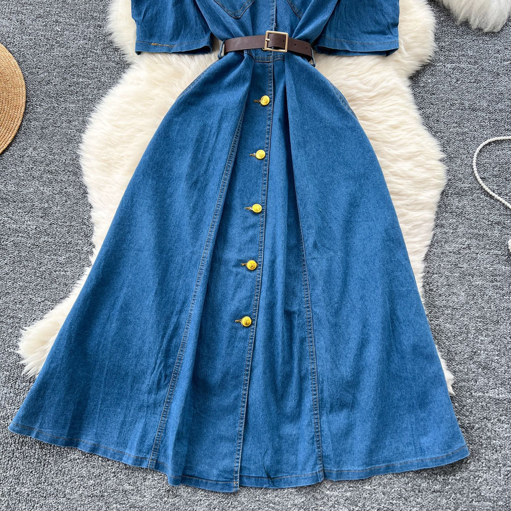 summer new arrival: chic and unique puff sleeve, single-breasted, cinched-waist denim dress - french style, slimming maxi dress for women