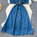 summer new arrival: chic and unique puff sleeve, single-breasted, cinched-waist denim dress - french style, slimming maxi dress for women