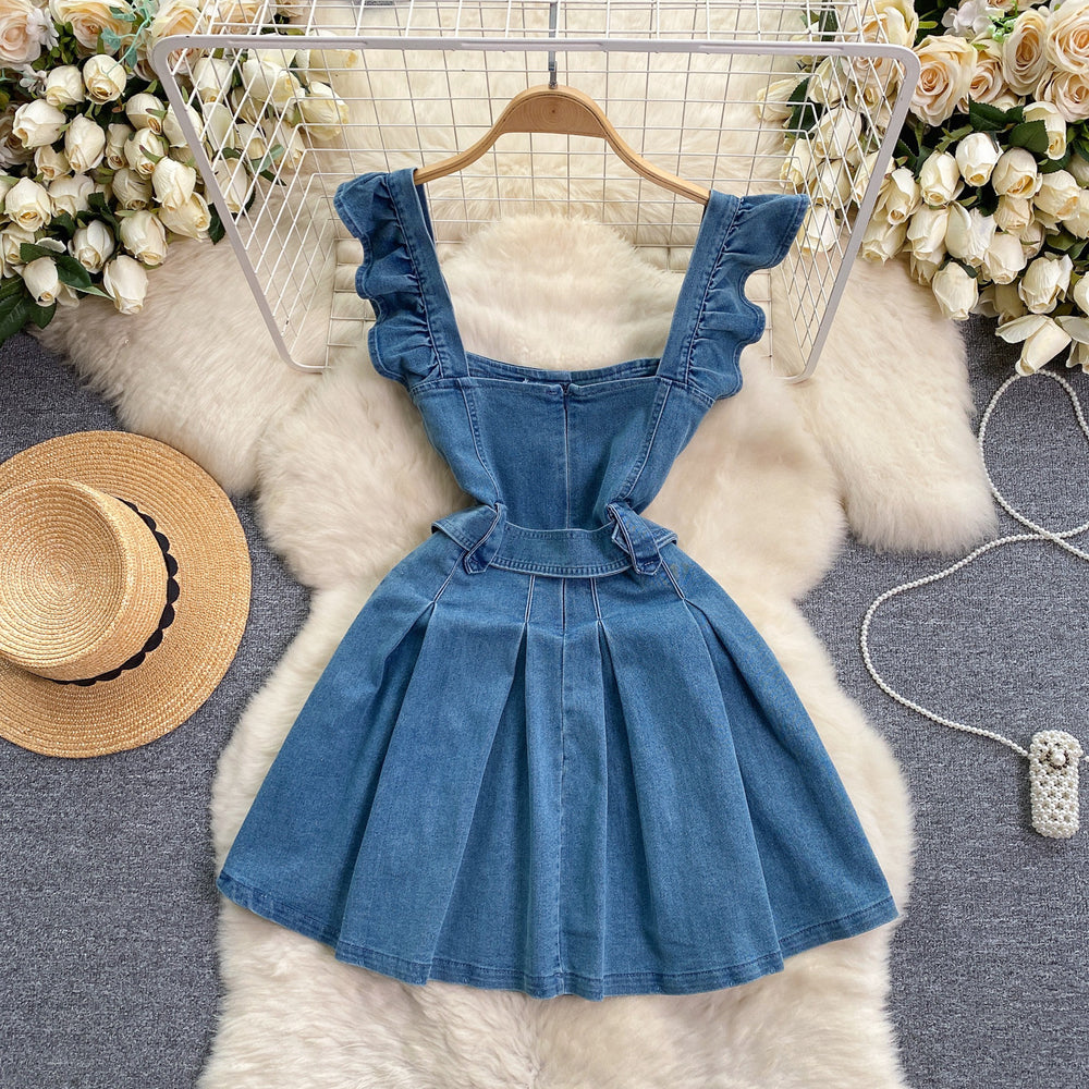 Korean style women's age-reducing preppy sweet flutter sleeve cami dress - vintage denim a-line mini skirt - trendy