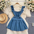 Korean style women's age-reducing preppy sweet flutter sleeve cami dress - vintage denim a-line mini skirt - trendy