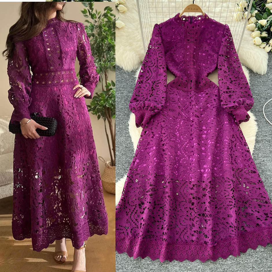 Classyelegancelacedressnew arrivalcut out crochet waist lantern sleeve long sleeves waist dress