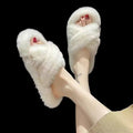 Thick sole cross strap furry slippers for women fall and winteroutwear2023new arrivalplatform shoesthick soleincrease soft bottomfor home cotton slippers