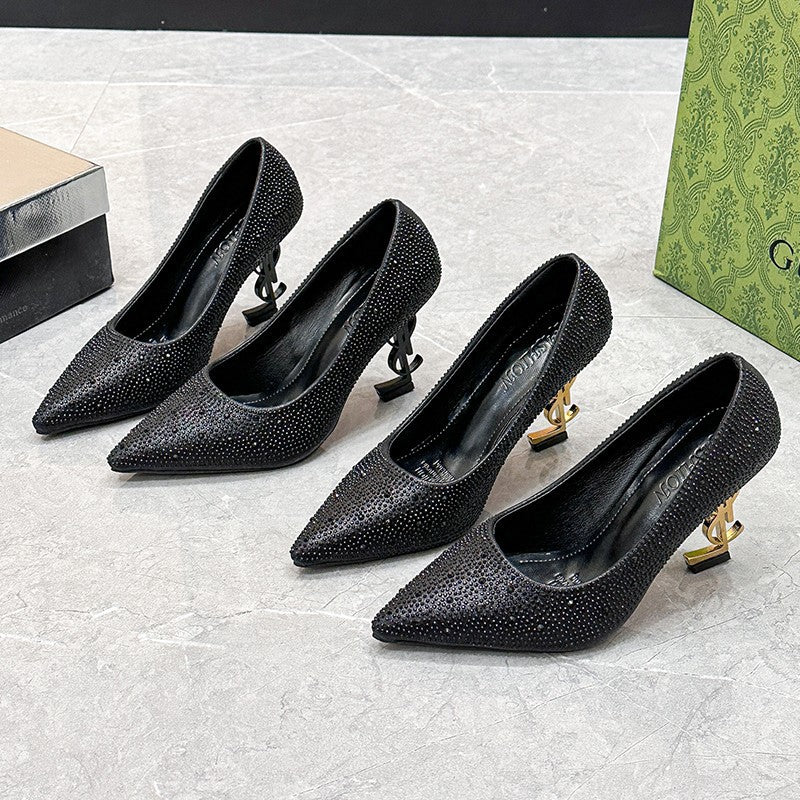 European and american solid color full rhinestone hotfix heels women's 2026 summer new pointed toe letter heel banquet model high heels