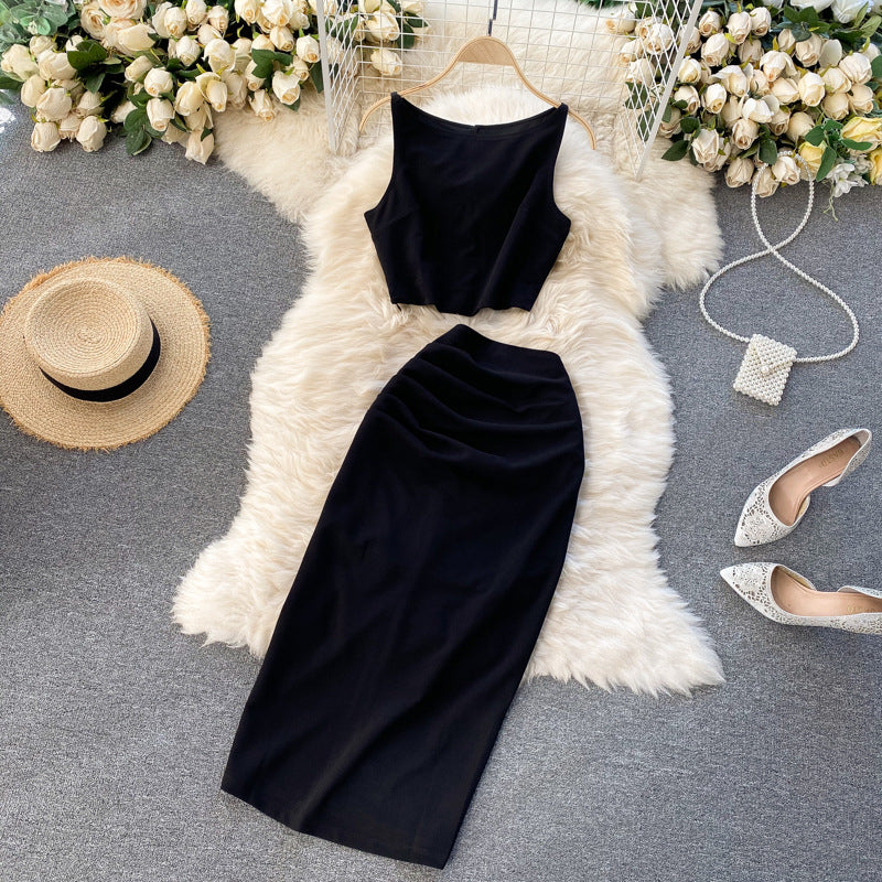 High and cold royal sister popularsuitpure color round neck vestshorttopshigh waist hip-covering mid-length skirt two-piece set for women