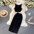 High and cold royal sister popularsuitpure color round neck vestshorttopshigh waist hip-covering mid-length skirt two-piece set for women