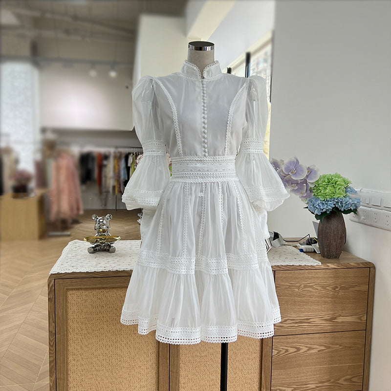 export design: autumn elegant court style lantern sleeve fitted waist dress with stand collar and lace trim mini skirt