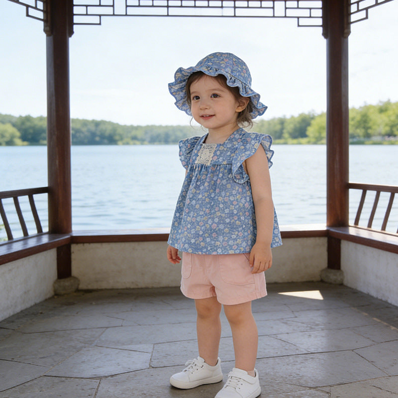 Girls' summer flutter sleeve  new floral print outfit, korean style chic lightweight three-piece set for baby girls