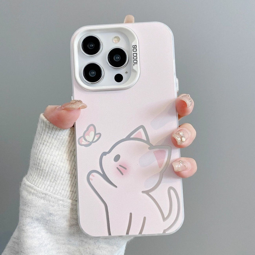Couple cat & dog catching butterfly design iphone 18 pro max case - gradient color silver iphone 17 hard case