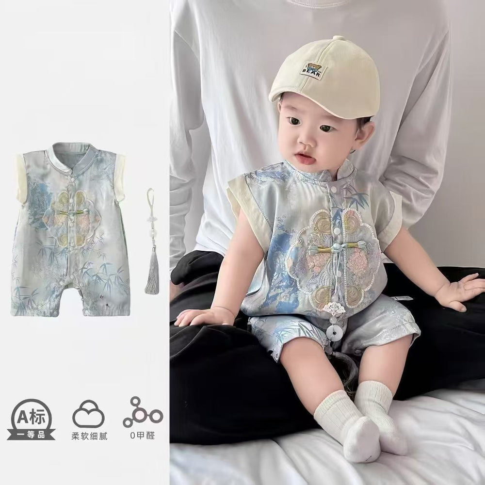 Summer 100-day first birthday sleeveless clothes, baby thin chinese style baby one-piece dress, climbing suit