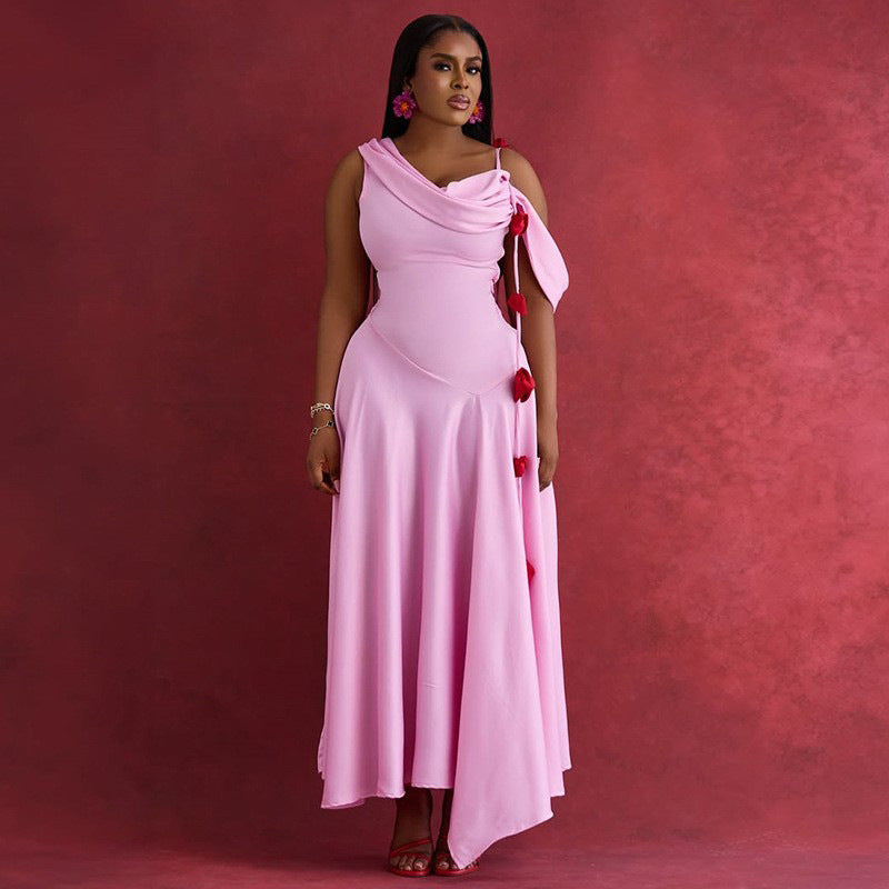 European and american cross-border women's clothing:  summer new arrival - elegant off-the-shoulder design, figure-flattering, heavily embellished a-line dress