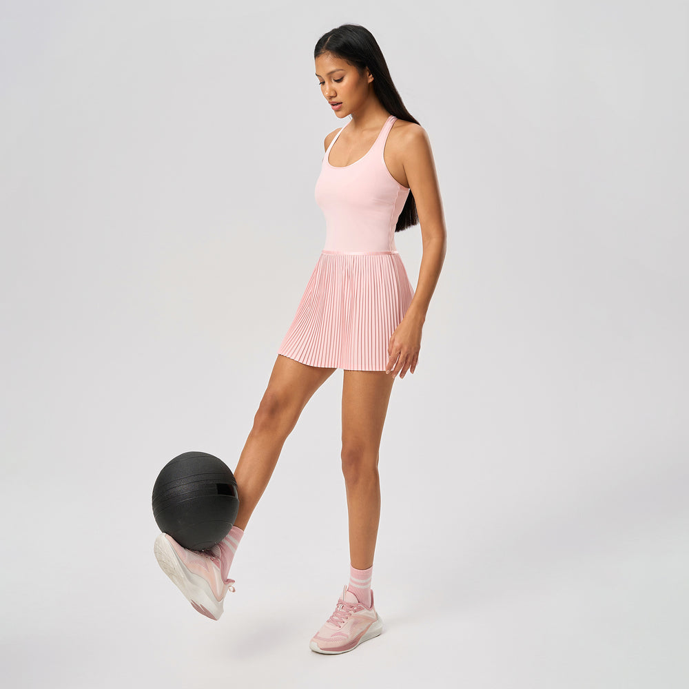 New women's backless sports dress with built-in bra pads, yoga tank dress, cool & breathable tennis pleated skirt d25028