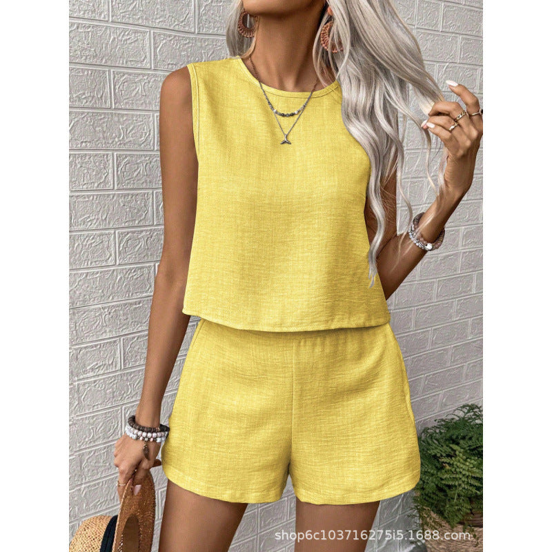 Xibo women's clothing  summer new collection: women's solid color minimalist fashion casual sleeveless top and shorts set