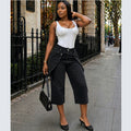 European and american style high-waisted cropped jeans - new  cross-border women's fashion with asymmetrical button design and wide leg