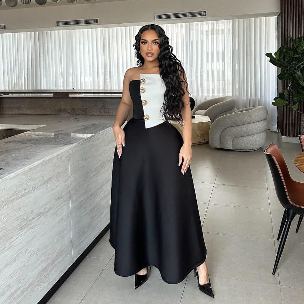 hot-selling fashion color-blocked chest-wrapped tops+high waist a-line skirt elegance light dress two-piece set women's clothing