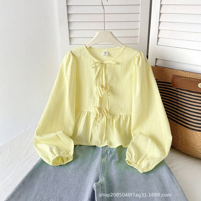 Early autumn gentle style custard yellow pleated textured blouse - tie-waist cropped versatile girls' shirt