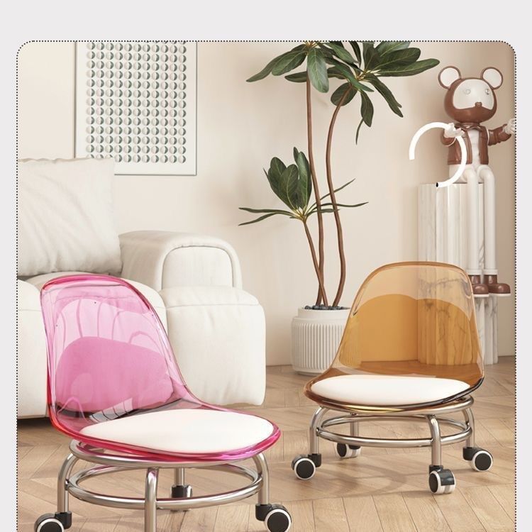 Pulley low stool transparent small chair universal wheel stool toddler children acrylic beautiful seam household backrest small size