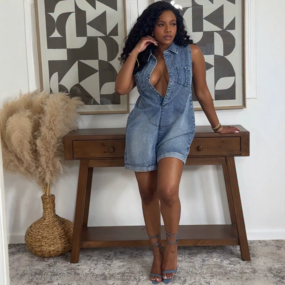 European and american cross-border new denim jumpsuit shorts,  new women's fashion loose turn-down collar sleeveless bodysuit