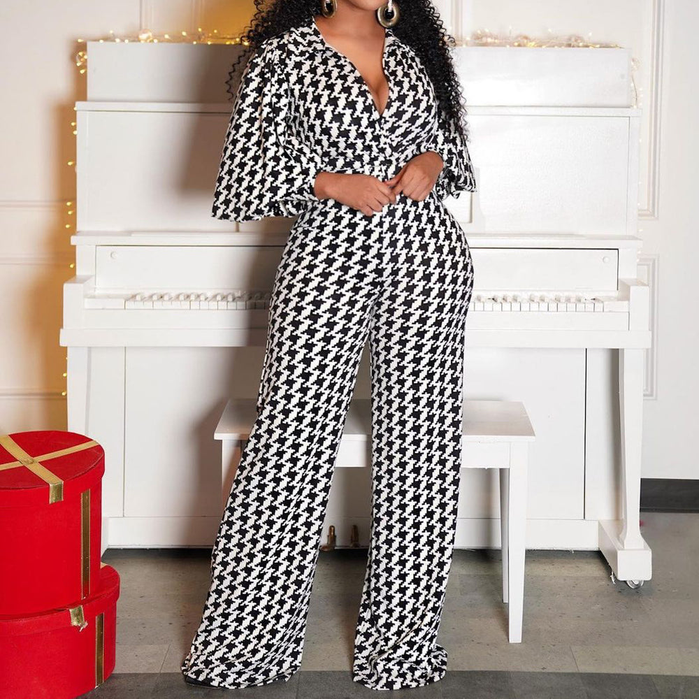 Q050 cross-border women's fashion  new v-neck puff sleeve cinched waist printed wide-leg plus size african european and american jumpsuit