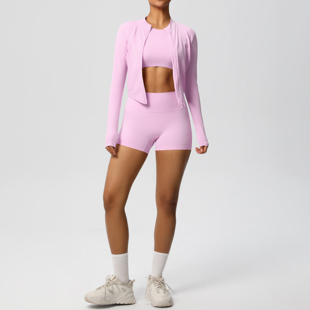 New arrival cross-border brushed tight-fitting fitness wear, nude-feeling quick-drying sports shorts suitslimming look yoga wear three-piece set for women