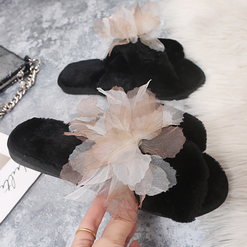 export plus size criss-cross fuzzy slippers women's open-toe cotton slippers indoor floor slippers large floral parent-child style fuzzy slippers