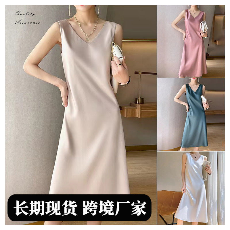 New sleeveless dress women's  new satin long over-the-knee summer inner wear plus size solid color suspender skirt