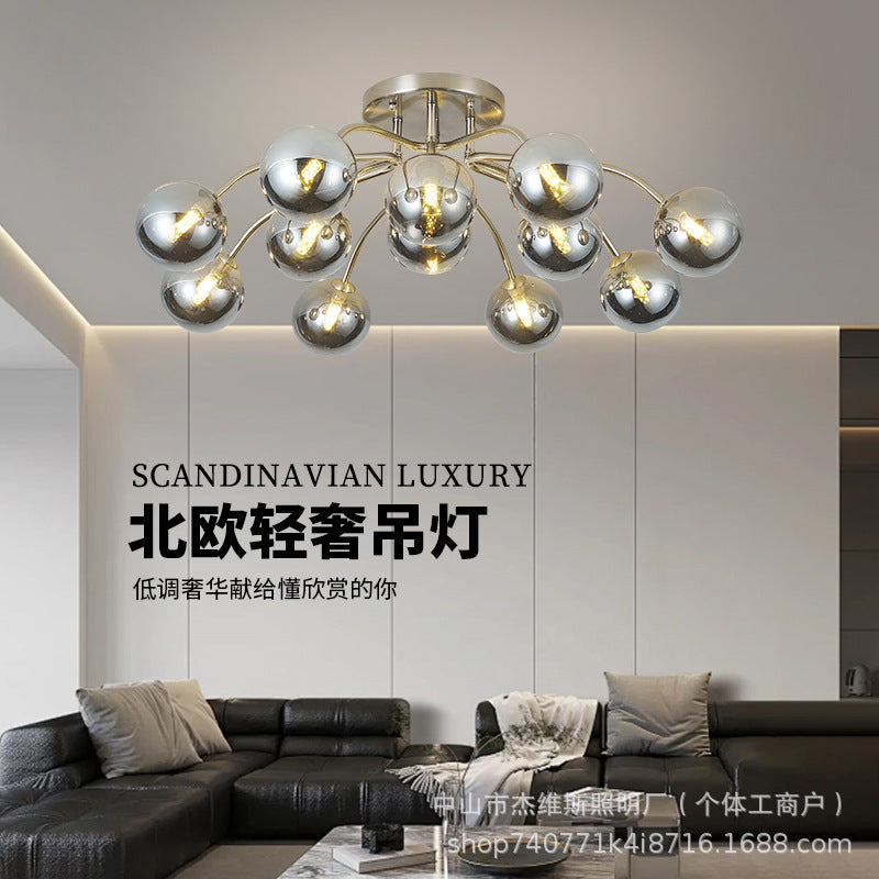Nordic light luxury magic bean molecular silver electroplated semi-transparent round glass living room chandelier - modern minimalist