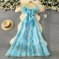 French chic high-end 3d floral ruched waist ruffle mesh dress - elegant women's evening gown maxi dress