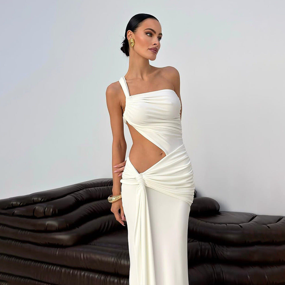 european and american cross-border summer sexy one-shoulder backless bandeau dress fashion solid color tie-up ruched maxi dress
