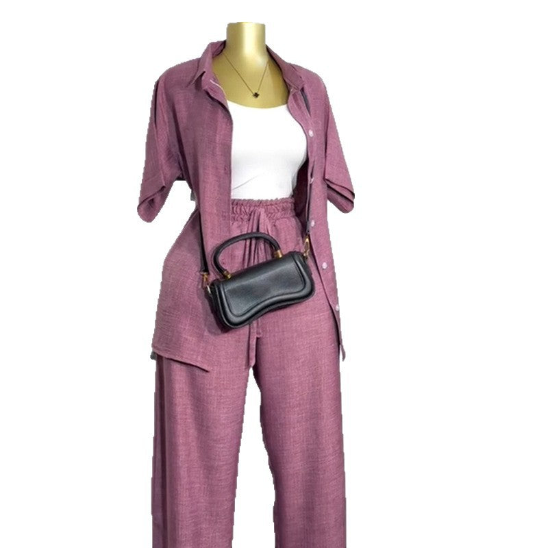 European and american cross-border women's fashion  autumn new solid color turn-down collar short sleeve shirt high-waisted wide leg pants casual set