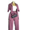 European and american cross-border women's fashion  autumn new solid color turn-down collar short sleeve shirt high-waisted wide leg pants casual set