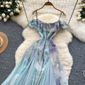 One shoulder rufflespatchwork waist dress women's summer seaside vacation style scheming off-shoulder suspender long skirt