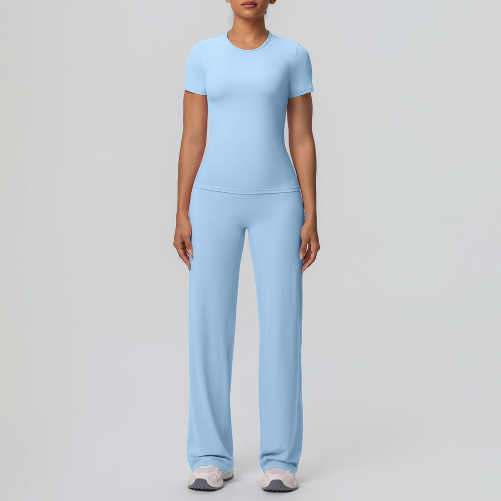 Cloud-feel outdoor casual sports short-sleeve yoga set - high-waisted, butt-lifting, straight-leg, wide-leg, quick-dry running & fitness outfit