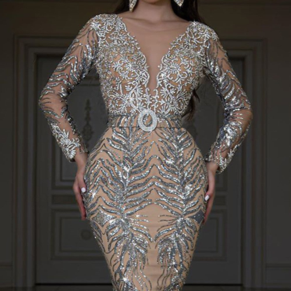 2025 new european and american style cross-border dress - gold foil long sleeve slim fit sexy mermaid train evening gown