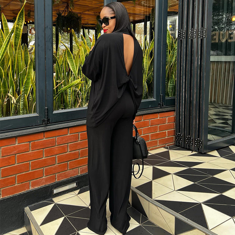 European and american cross-border african women's fashion  autumn new collection solid color casual open-back long sleeve shirt and wide-leg pants set