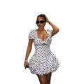 European and american cross-border women's fashion  autumn new arrival short-sleeve u-neck polka dot print cutout ruched sexy dress