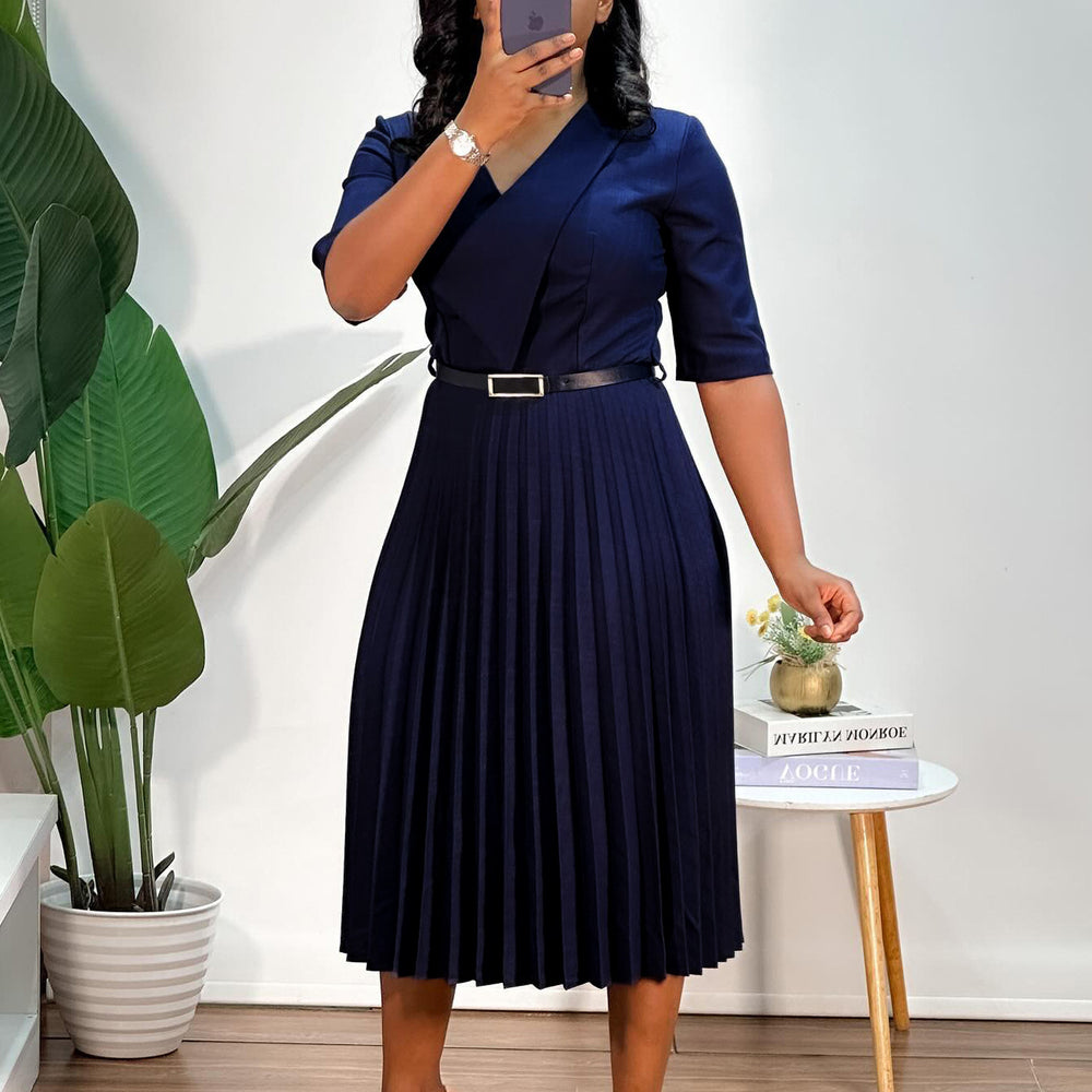 D3296  foreign trade women's clothing  new solid color v-neck fashionable elegant pleated african cross-border dress