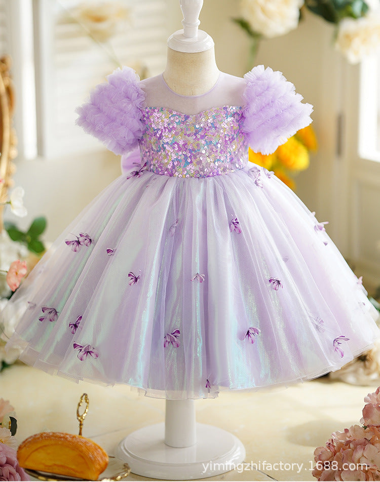 Rainbow girl's dress - new style first birthday baby dress with 3d butterfly back, bubble sleeves, and sequin detail