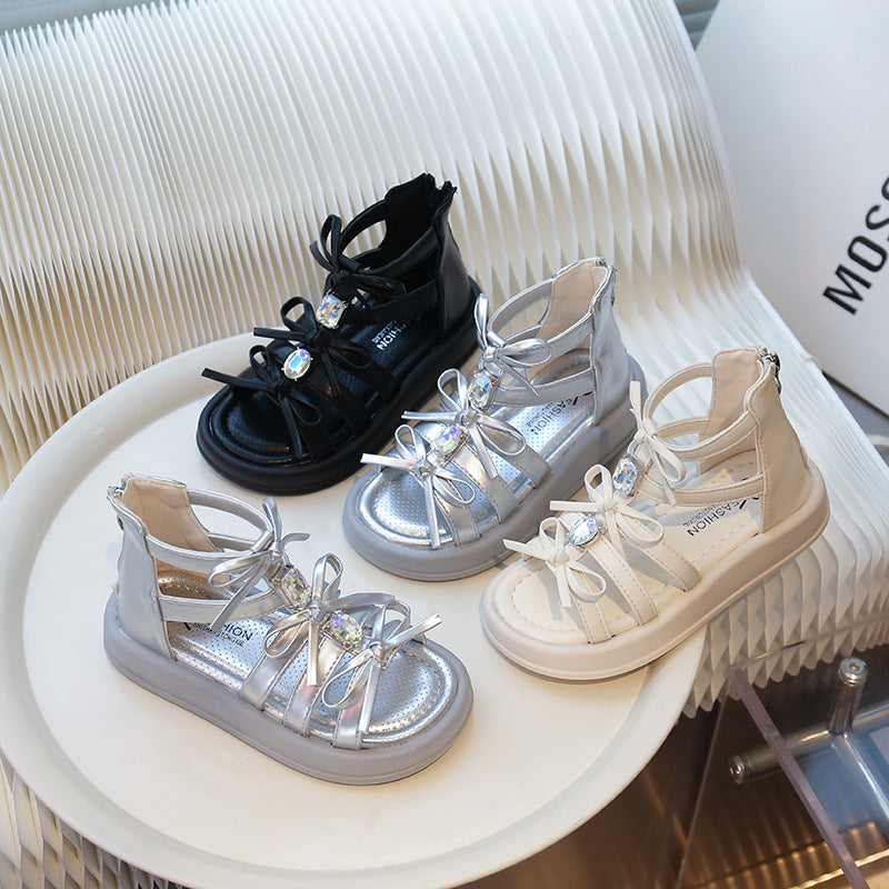 Children's Roman sandals 2025 summer new Korean version girls rhinestone bow princess shoes soft-soled beach shoes
