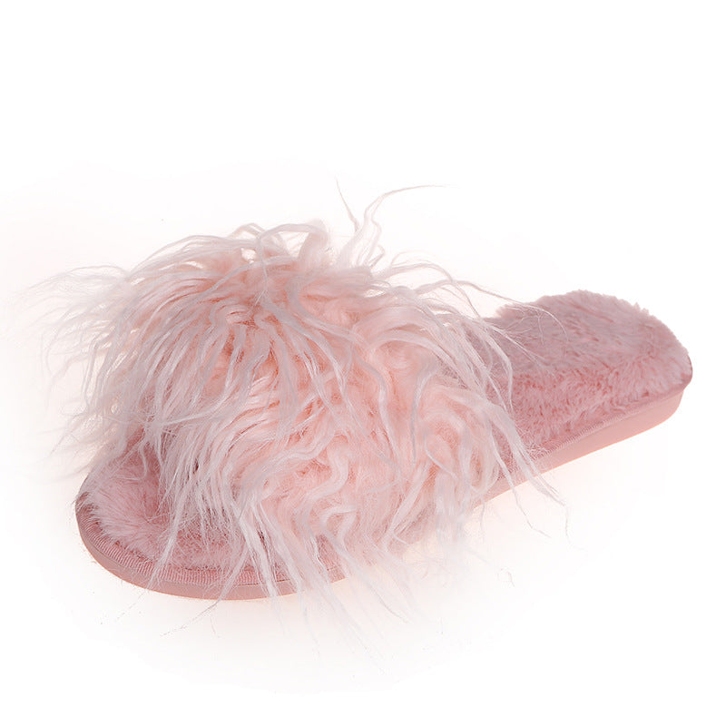 Slippers long hair fall and winter women open toe k-stylefashionbows fur one-line drag artificial fur wooden floor artificial fur