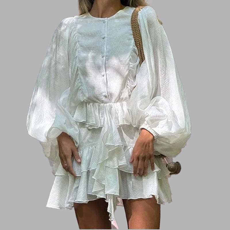 cross-border e-commerce european and american women's clothing: new summer collection - elegant solid color ruffle hem dress with cinched waist