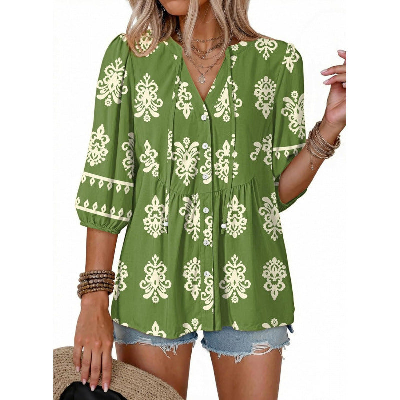summer bohemian floral short sleeve button-down v-neck ruffle trim babydoll casual loose shirt